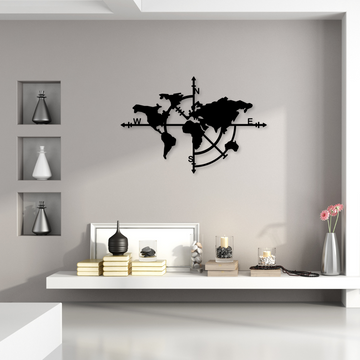 Metalen Wereldkaart wanddecoratie van 95x63 cm, gemaakt van 2 mm dik staal met matte zwarte poedercoating. Moderne uitstraling met 3D-effect.