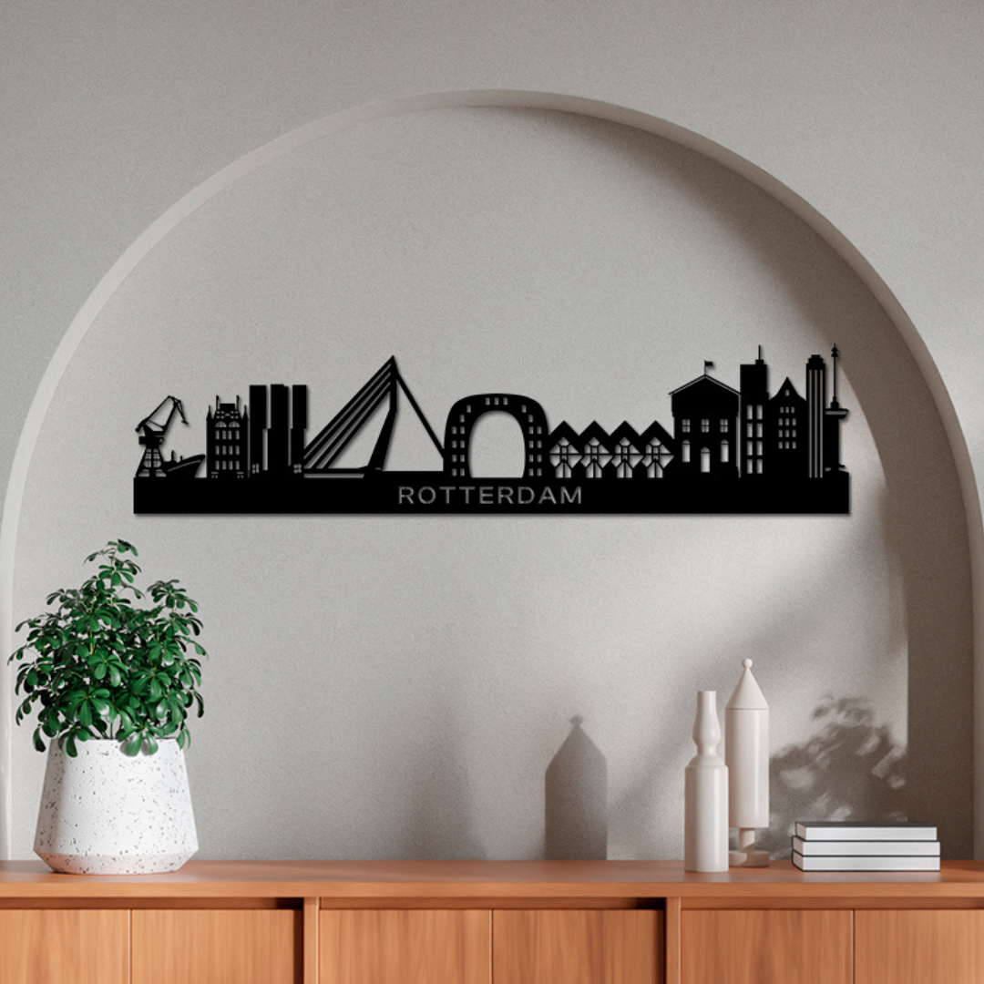 🌆 Metalen Wanddecoratie Rotterdam Skyline – Unieke Skyline Muurdecoratie met Poedercoating – 80cm Breed 🏙️