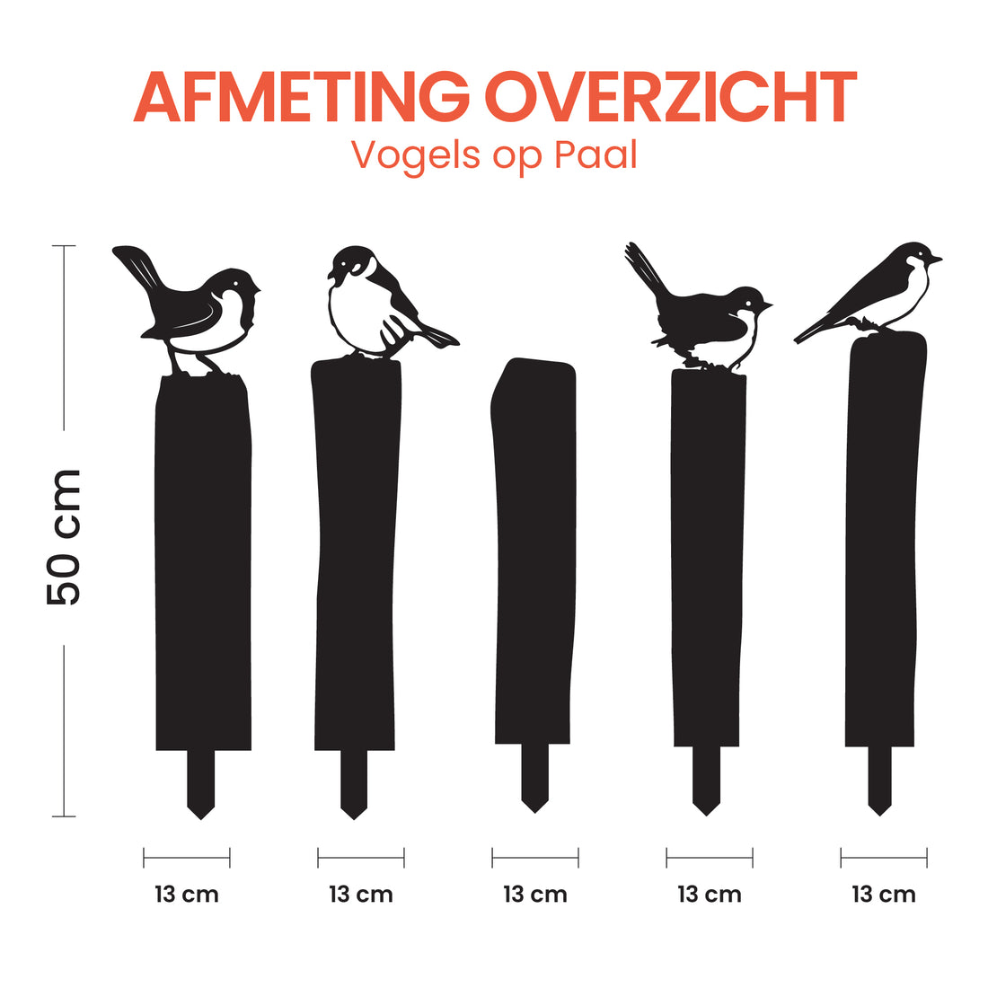 5-Delige Cortenstalen Tuindecoratie Set – 4 Vogels + 5 Palen (50cm)
