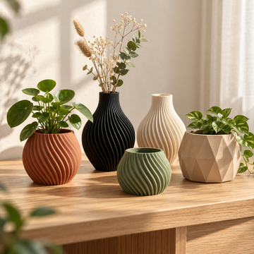 Vijf 3D-geprinte vazen en bloempotten in zwart, crème, terracotta, beige en saliegroen op een houten tafel met zacht zonlicht.