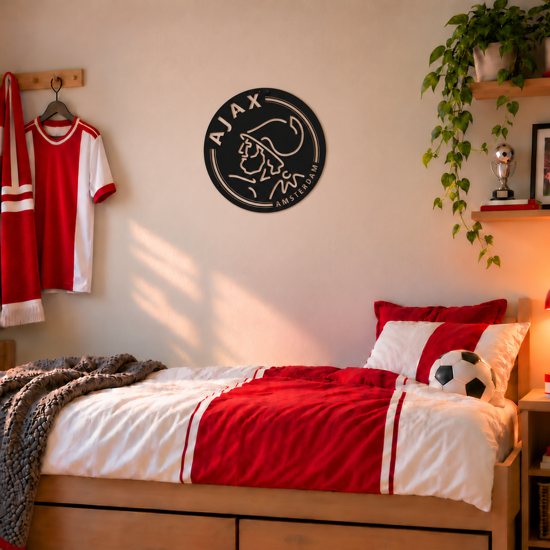 Matzwarte Ajax wanddecoratie van 60 cm met het lijnlogo uit 1991–2025, aan een beige muur in een slaapkamer.