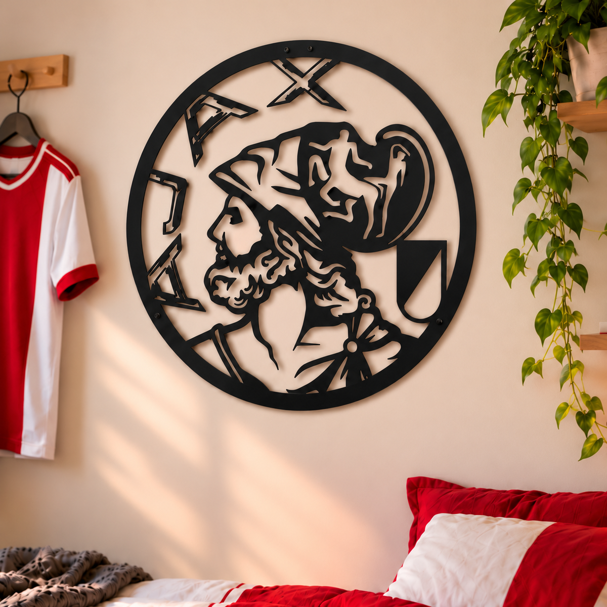 Klassiek Ajax-logo van 60 cm in zwart staal, van dichtbij weergegeven aan een gladde beige muur.