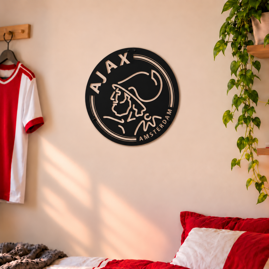 Matzwarte Ajax wanddecoratie van 60 cm met het lijnlogo uit 1991–2025, aan een beige muur in een slaapkamer.