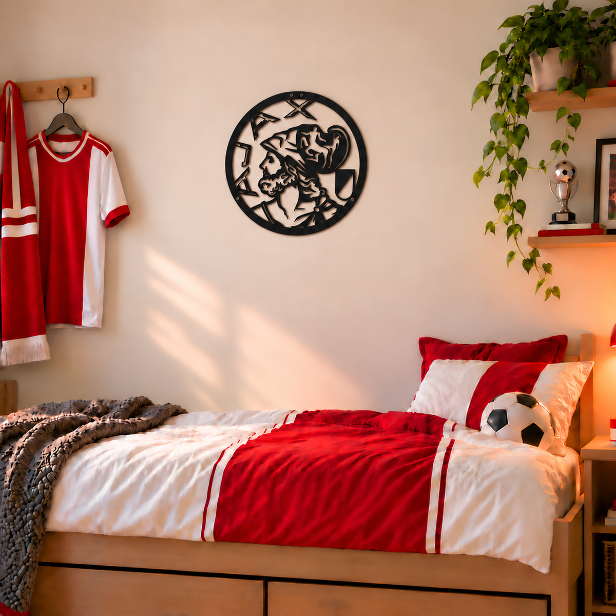 Matzwarte Ajax wanddecoratie van 40 cm met klassiek logo, boven een bed met rood-wit beddengoed.