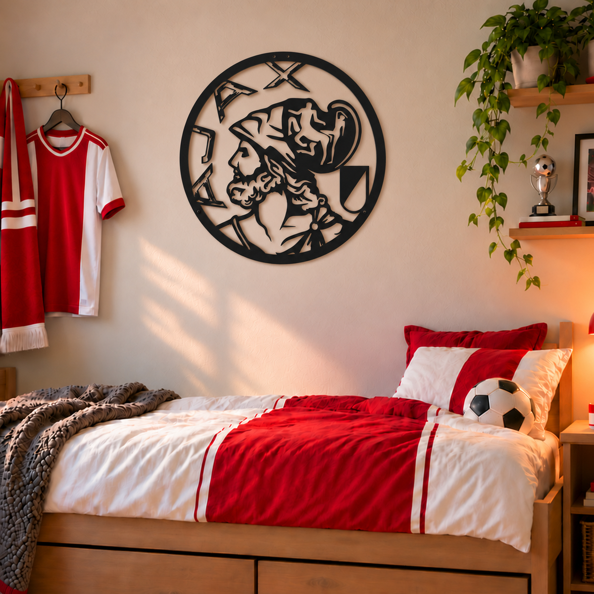 Matzwarte Ajax wanddecoratie van 60 cm met klassiek logo, boven een bed met rood-wit beddengoed.