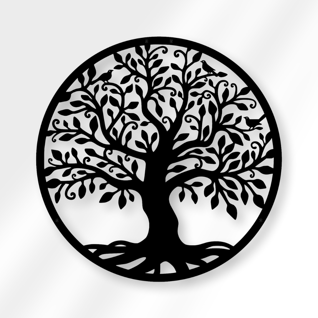 Close-up van de Tree of Life wanddecoratie, 40/60 cm, vervaardigd uit 2 mm dik staal met matte zwarte poedercoating. Duurzaam en elegant design.