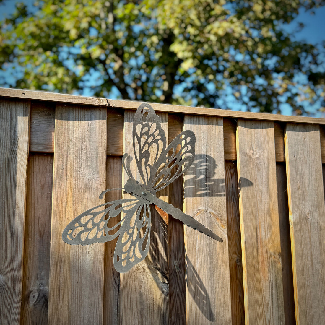 Grote decoratieve libelle van 2 mm cortenstaal voor in de tuin, XL-formaat met natuurlijke roestkleur.