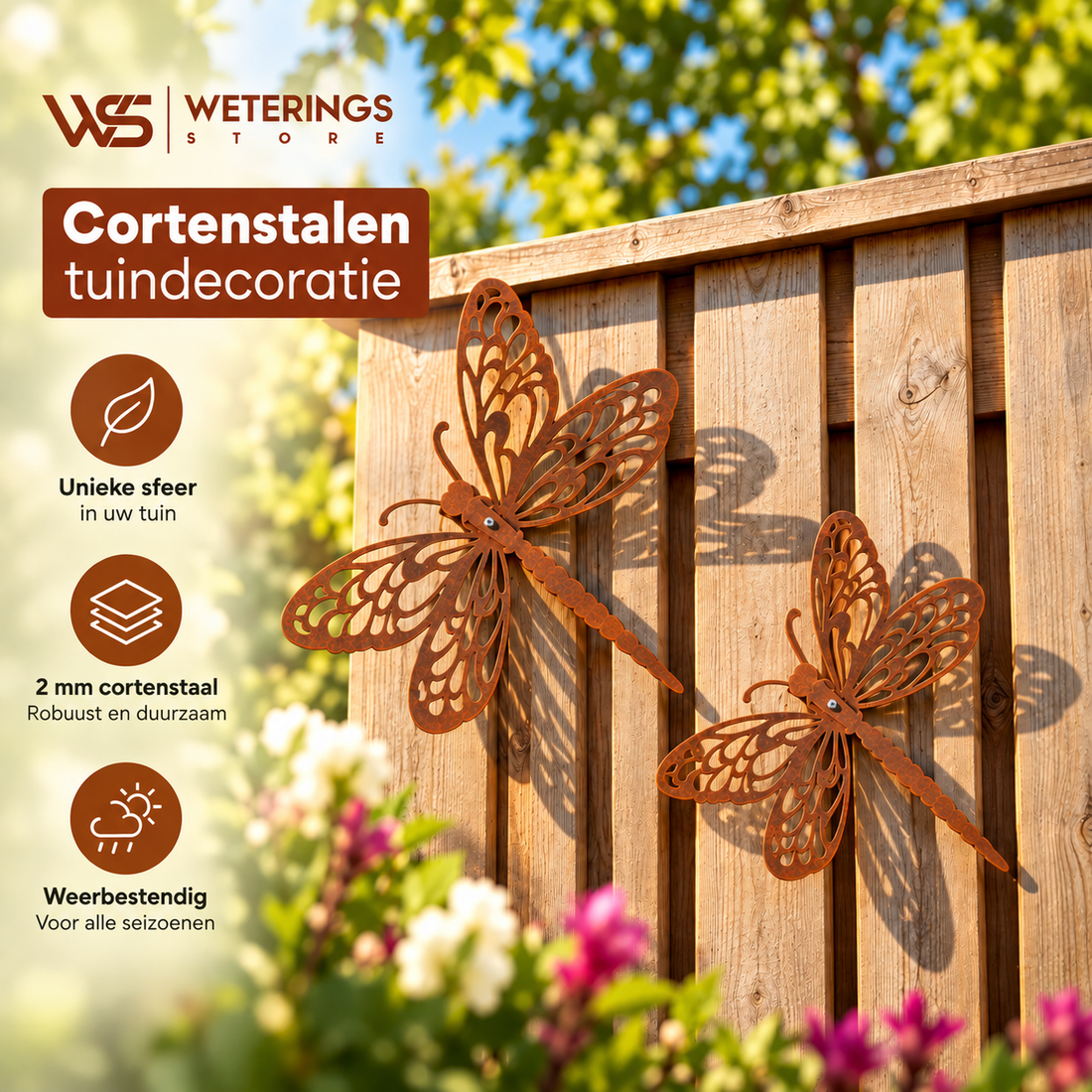 Cortenstalen libelle set L & XL – Roestkleurige tuindecoratie van 2 mm staal