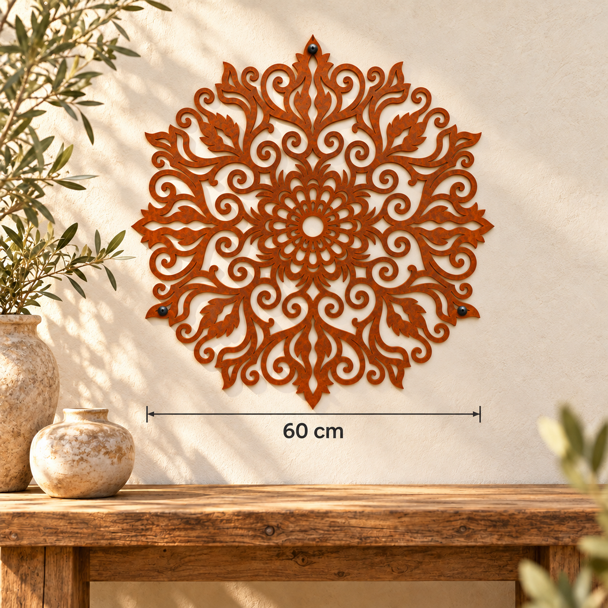 Grote cortenstalen mandala aan een lichte muur, met een horizontale maatlijn van 60 cm.