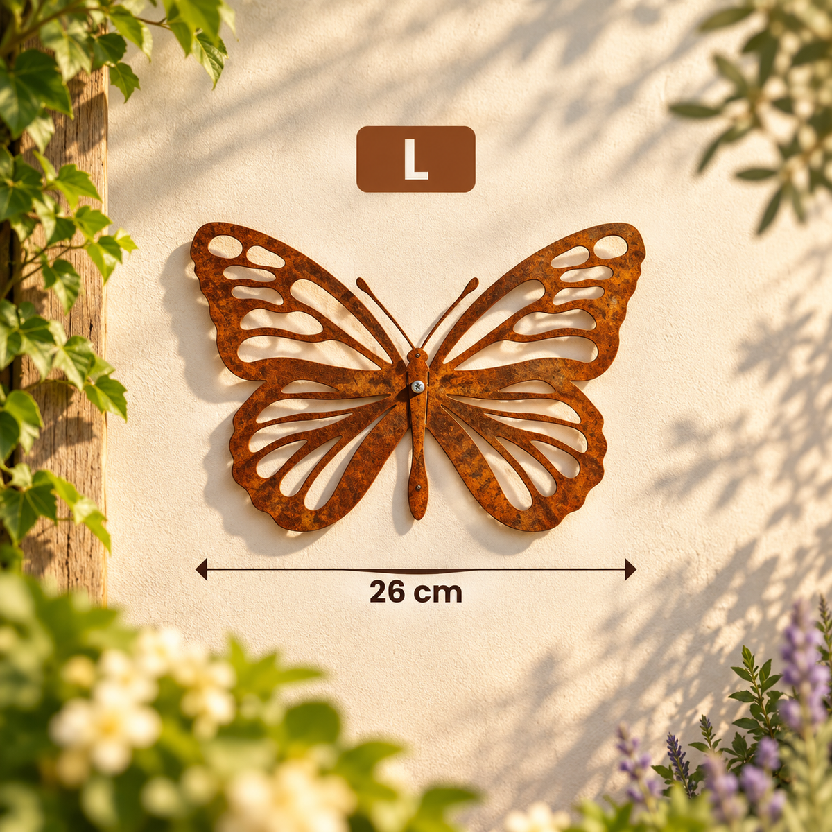 Afmetingen van de cortenstalen vlinder maat L, 26 cm breed en 18 cm hoog, gemaakt van 2 mm dik staal voor decoratie aan een schutting of hek.