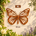 Afmetingen van de grote cortenstalen vlinder maat XL, 39 cm breed en 27 cm hoog, vervaardigd uit 2 mm dik staal met natuurlijke roestkleur.