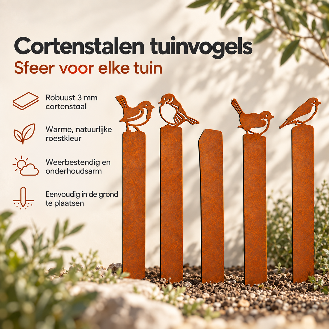 Set cortenstalen tuindecoratie met vier vogels en vijf palen van 3 mm dik cortenstaal.