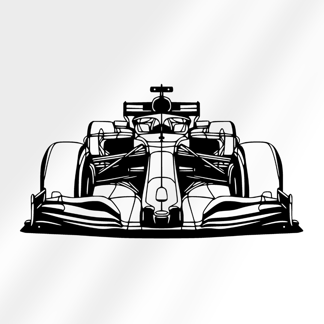 Close-up van de Formule 1 stalen wanddecoratie, gedetailleerd met een matte zwarte poedercoating voor een industrieel design.
