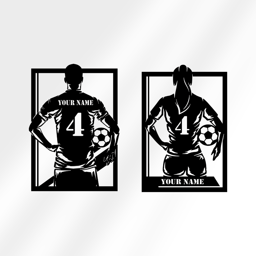 Unieke gepersonaliseerde voetbalwanddecoratie met naam, gemaakt van hoogwaardig staal en zwarte poedercoating. Perfect voor elke sportliefhebber, 60x80 cm.