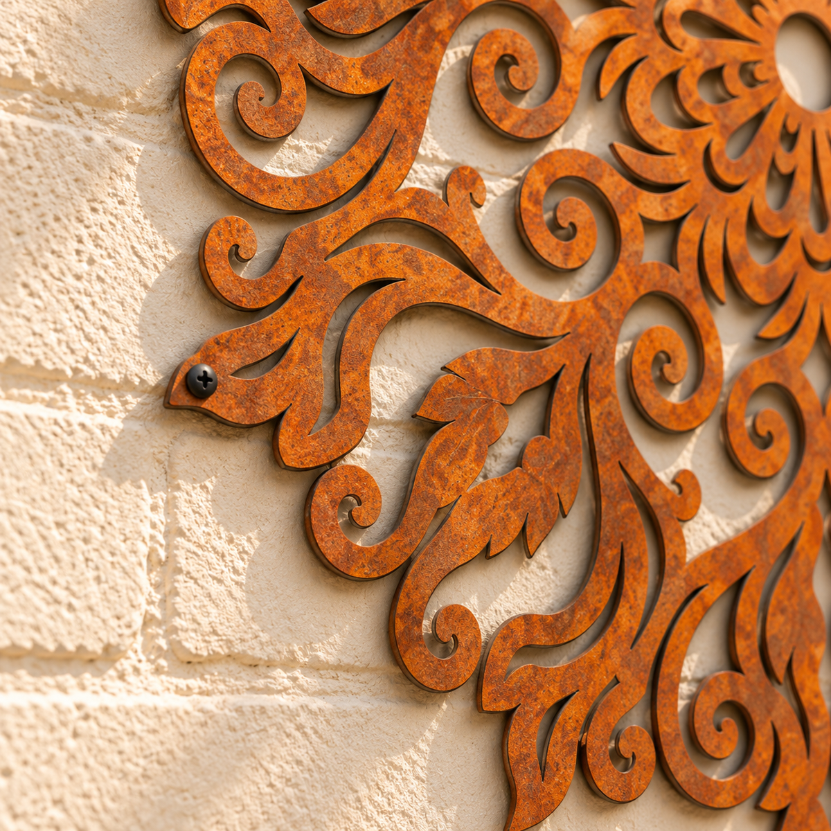 Close-up van de roeststructuur, sierlijke uitsparingen en zwarte bevestigingsschroef van de mandala.