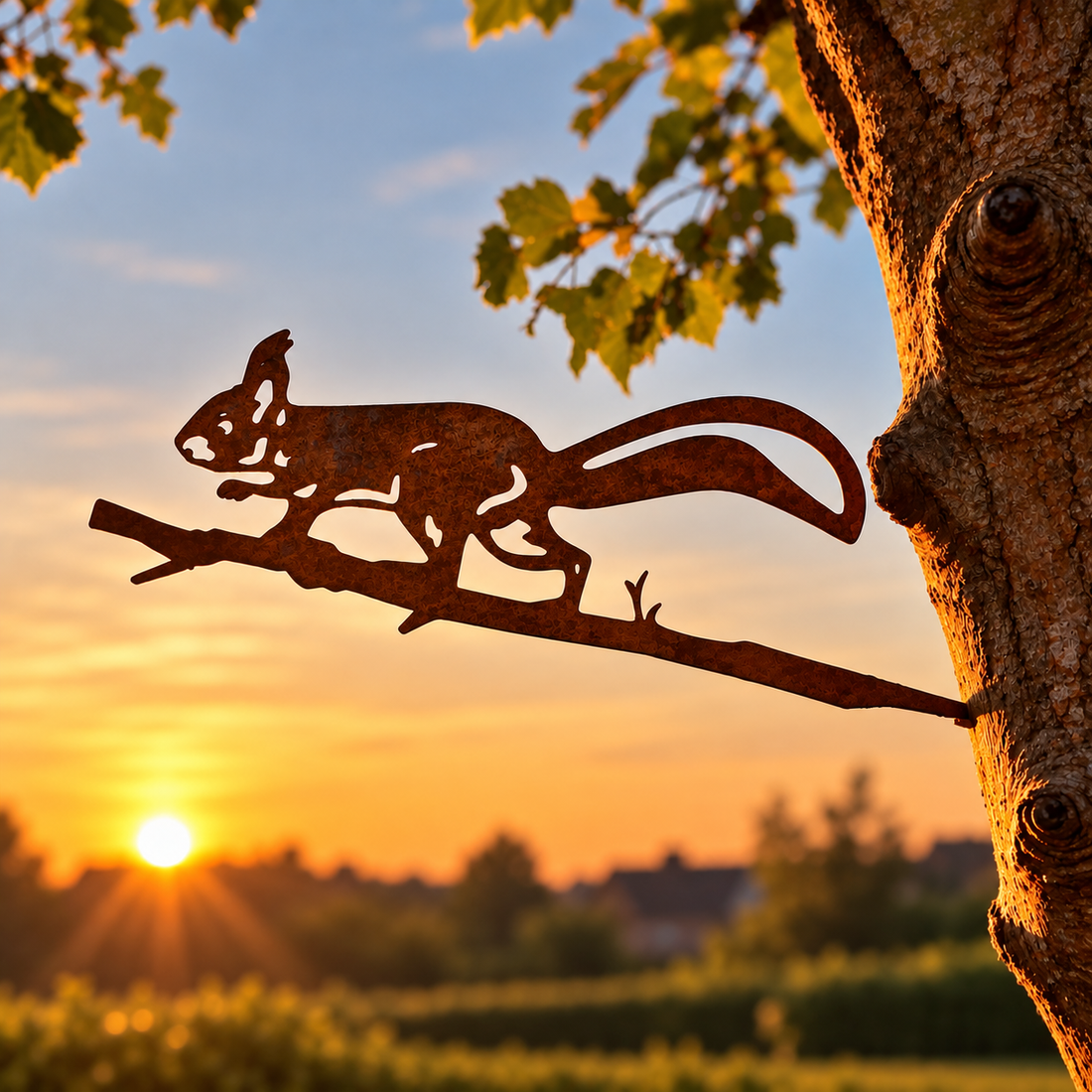 Metalen eekhoorn van cortenstaal als decoratie voor tuin, boom of schutting