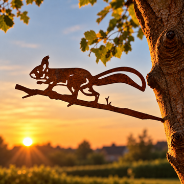 Metalen eekhoorn van cortenstaal als decoratie voor tuin, boom of schutting