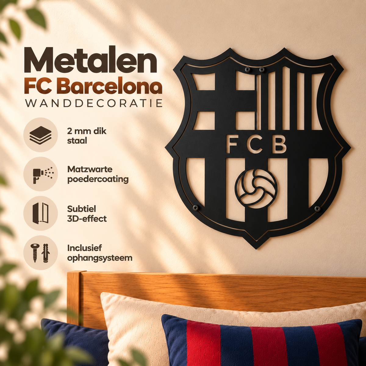 FC Barcelona wanddecoratie met vinkjes voor 2 mm staal, matzwarte poedercoating, een subtiel 3D-effect en inclusief montagemateriaal.