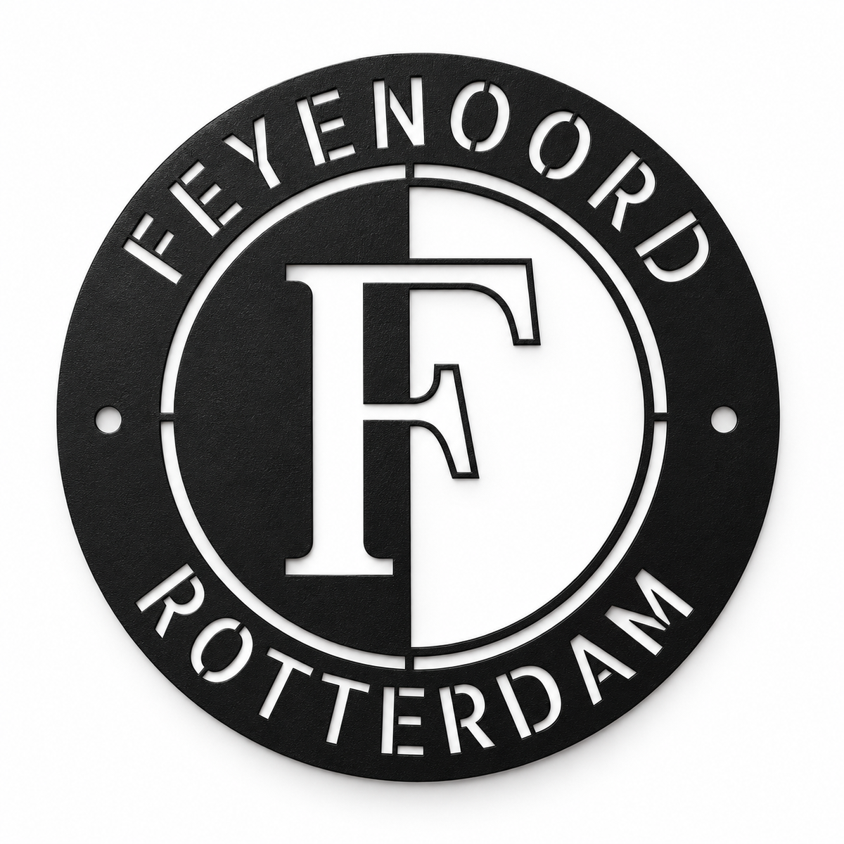 Feyenoord wanddecoratie van 2 mm dik staal met zwarte fijne structuurpoedercoating. Stoere metalen muurdecoratie voor echte Feyenoord supporters.