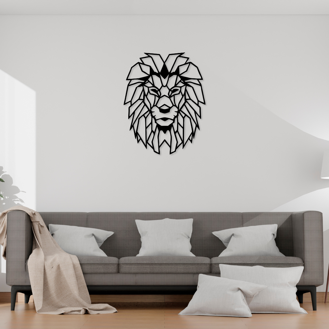 Stijlvolle geometrische leeuwenkop wanddecoratie, gemaakt van 2 mm dik staal met matte zwarte poedercoating. Afmeting: 70x56 cm, perfect voor elke kamer.