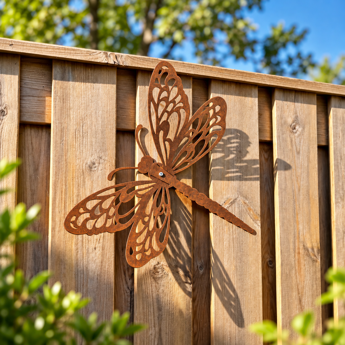 Grote libelle van cortenstaal met roestlook gemonteerd op een houten schutting als tuindecoratie.