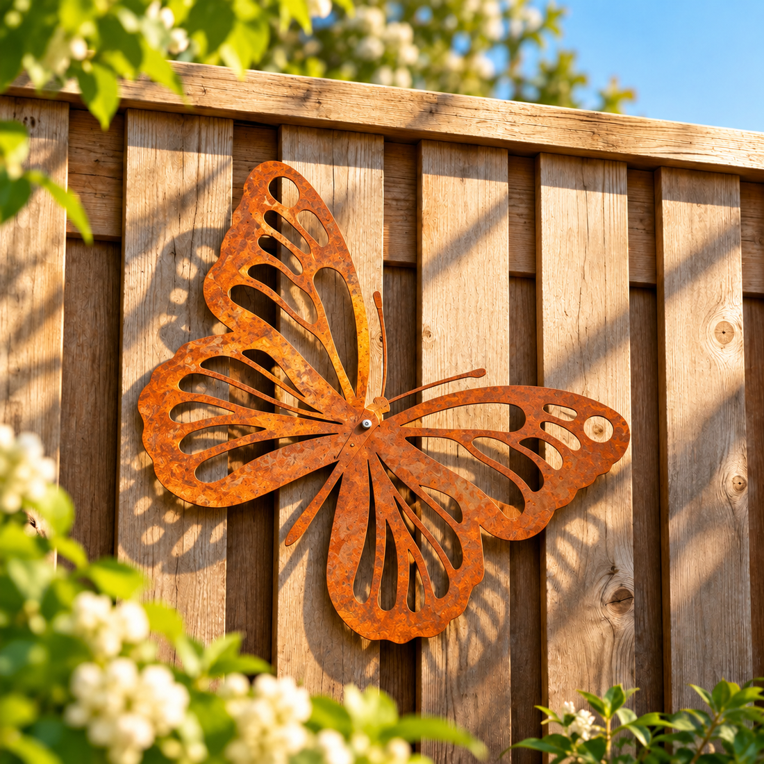 Grote metalen vlinder van 39 x 27 cm, gemaakt van 2 mm dik cortenstaal met natuurlijke roestpatina, als decoratieve blikvanger aan een houten tuinschutting.