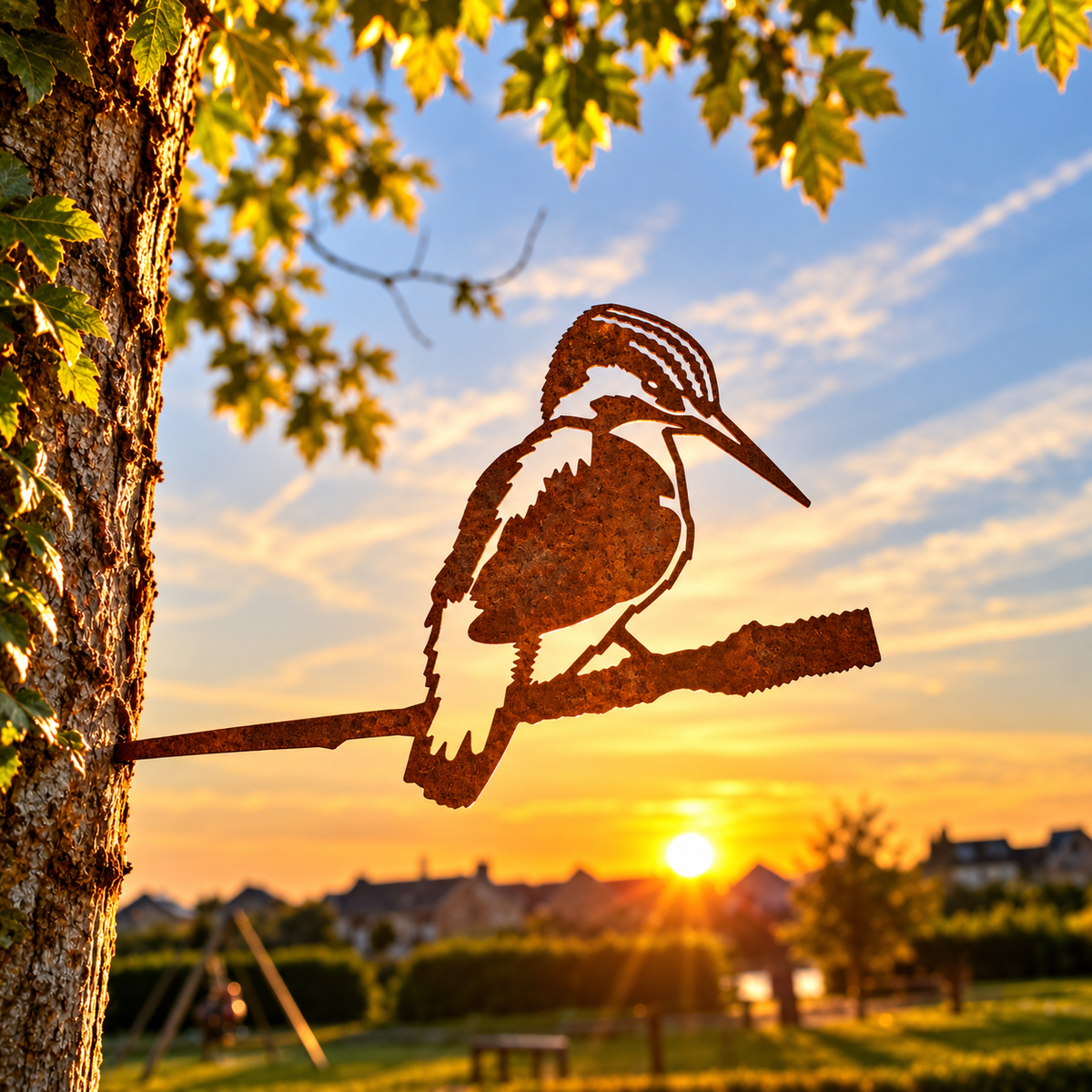 Metalen ijsvogel van cortenstaal als decoratie voor tuin, schutting of muur