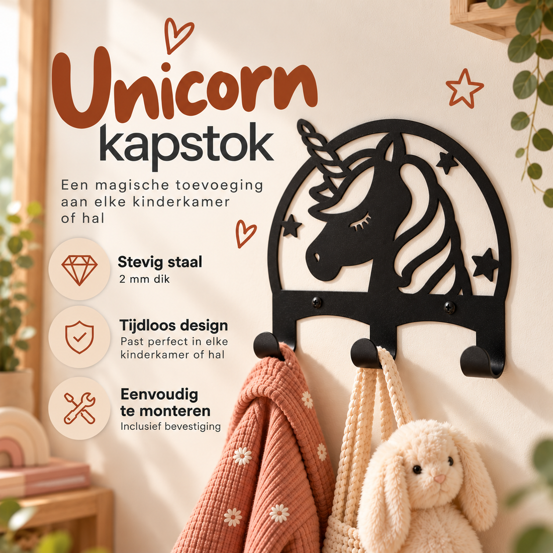 Eenhoorn Kapstok – Unicorn Kinderkapstok – Zwart Staal – 3 Haken – 20 cm