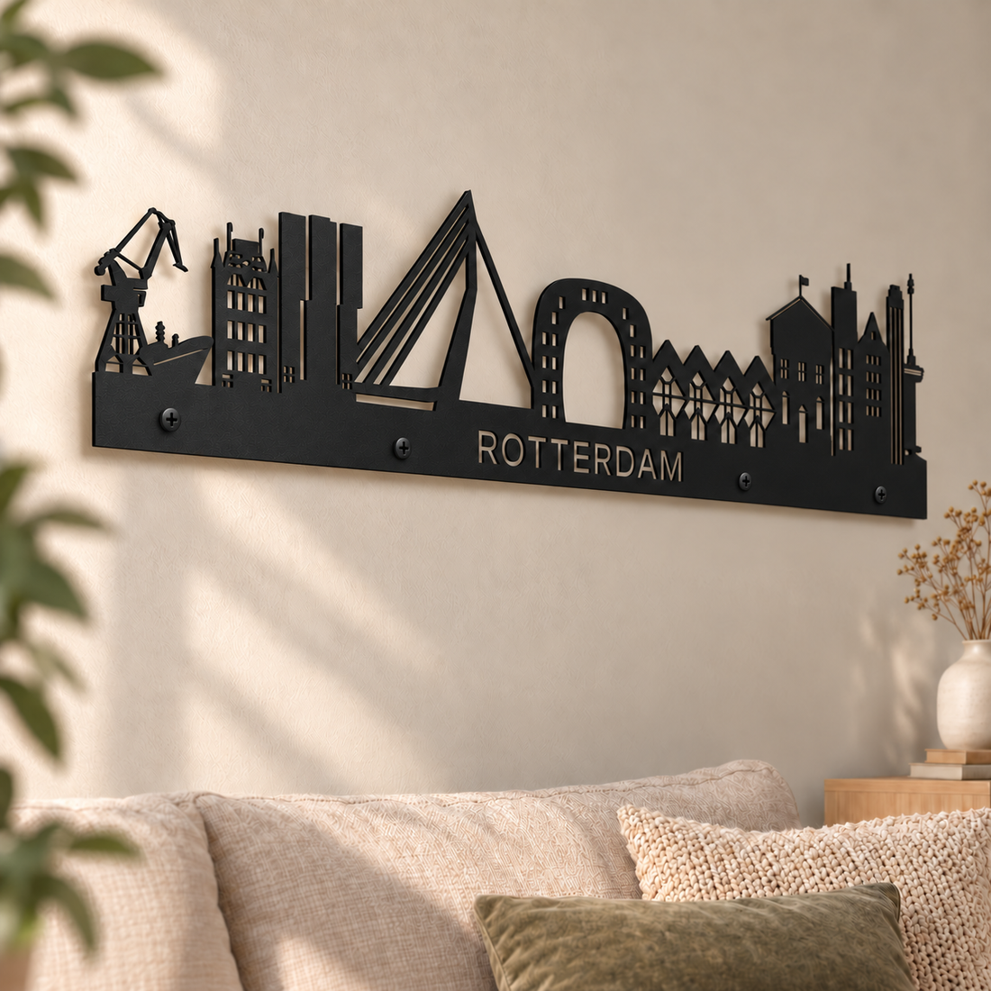 Metalen Wanddecoratie Rotterdam Skyline – Iconen van de Stad in 2mm Staal – 80x19cm