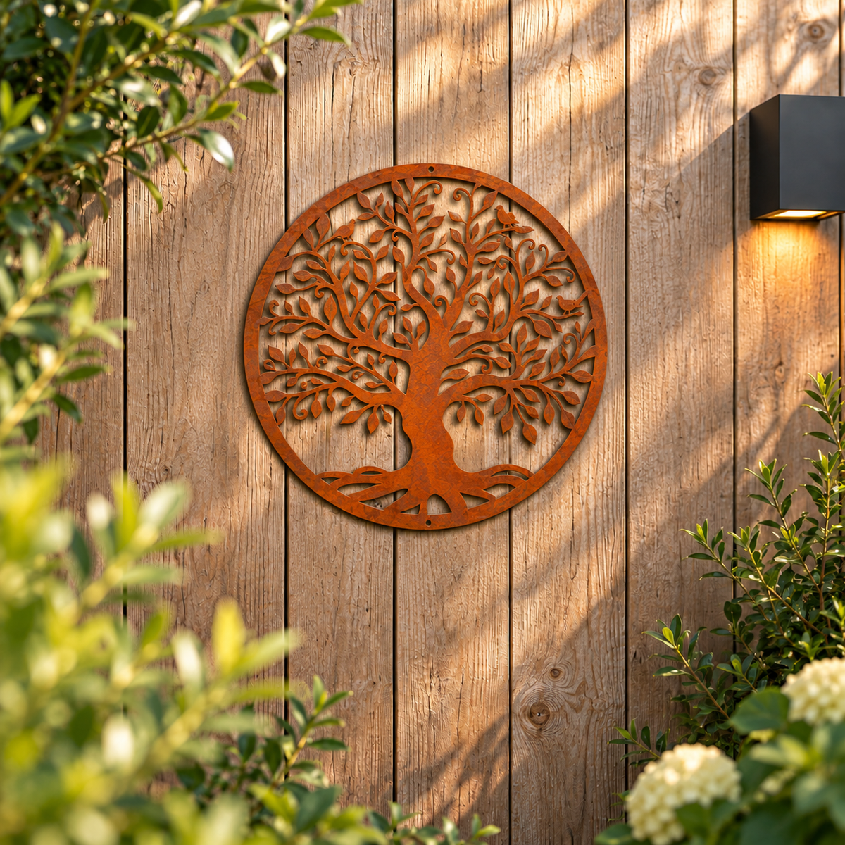 Ronde levensboom wanddecoratie van 40 cm diameter, gemaakt van 2 mm cortenstaal met natuurlijke roestkleur, bevestigd aan een houten schutting in een sfeervolle tuin.