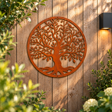 Ronde levensboom wanddecoratie van 50 cm diameter, gemaakt van 2 mm cortenstaal met natuurlijke roestpatina, gemonteerd op een houten schutting tussen groene beplanting.