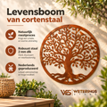 Levensboom wanddecoratie van 2 mm dik cortenstaal. Nederlands geproduceerd, met een natuurlijk roestproces en verkrijgbaar in 40, 50 en 60 cm diameter.