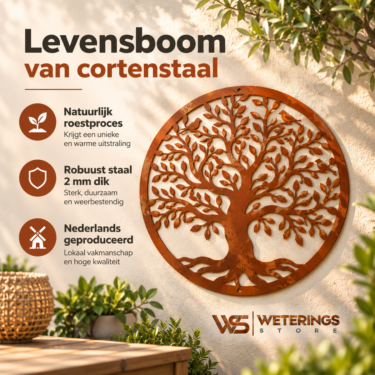 Levensboom wanddecoratie van 2 mm dik cortenstaal. Nederlands geproduceerd, met een natuurlijk roestproces en verkrijgbaar in 40, 50 en 60 cm diameter.