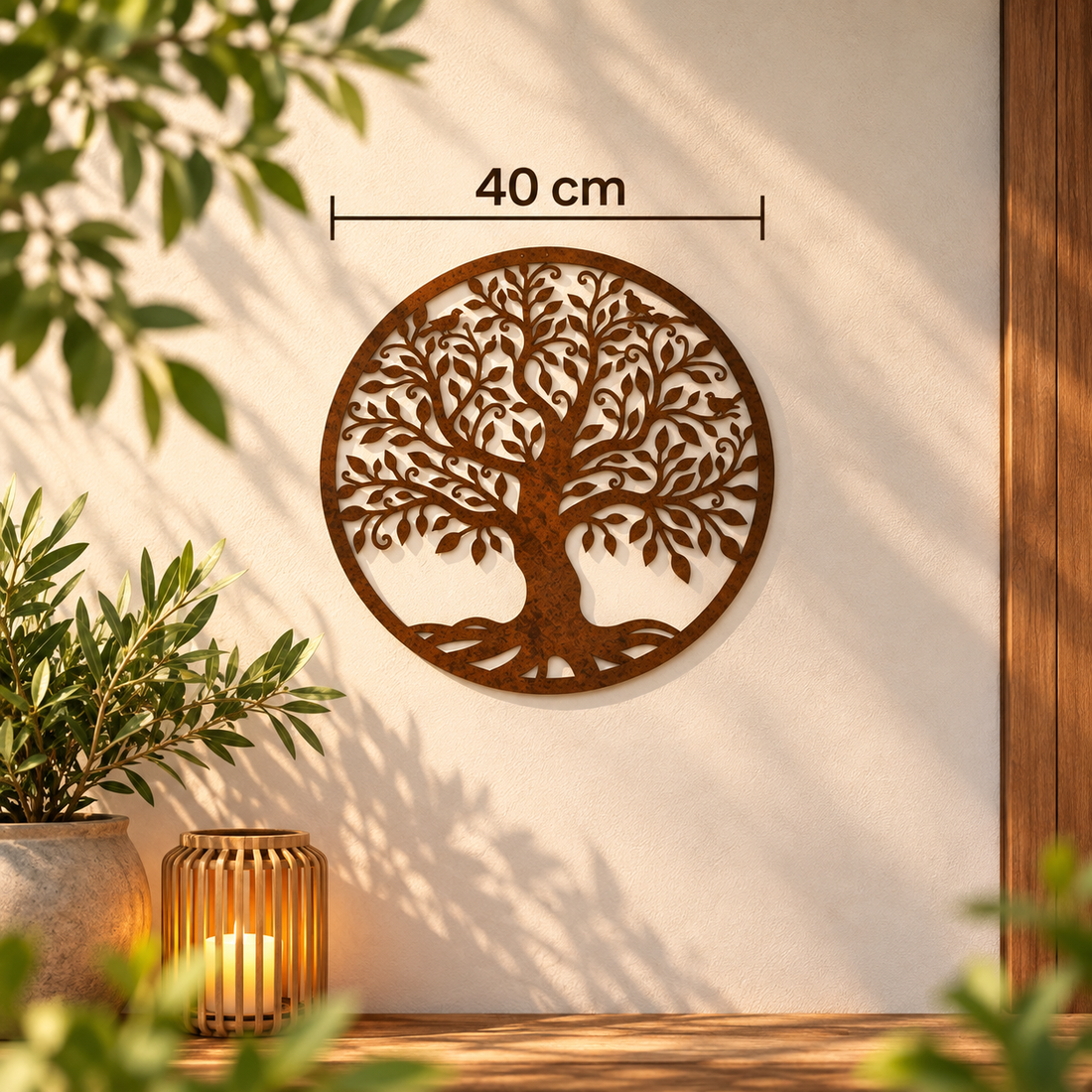 Levensboom wanddecoratie van cortenstaal-look met diameters van 40 cm, 50 cm en 60 cm weergegeven op een moderne gevel.