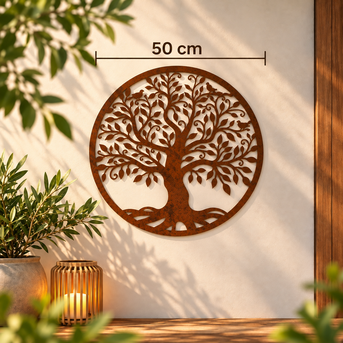 Levensboom wanddecoratie van cortenstaal-look met diameters van 40 cm, 50 cm en 60 cm weergegeven op een moderne gevel.
