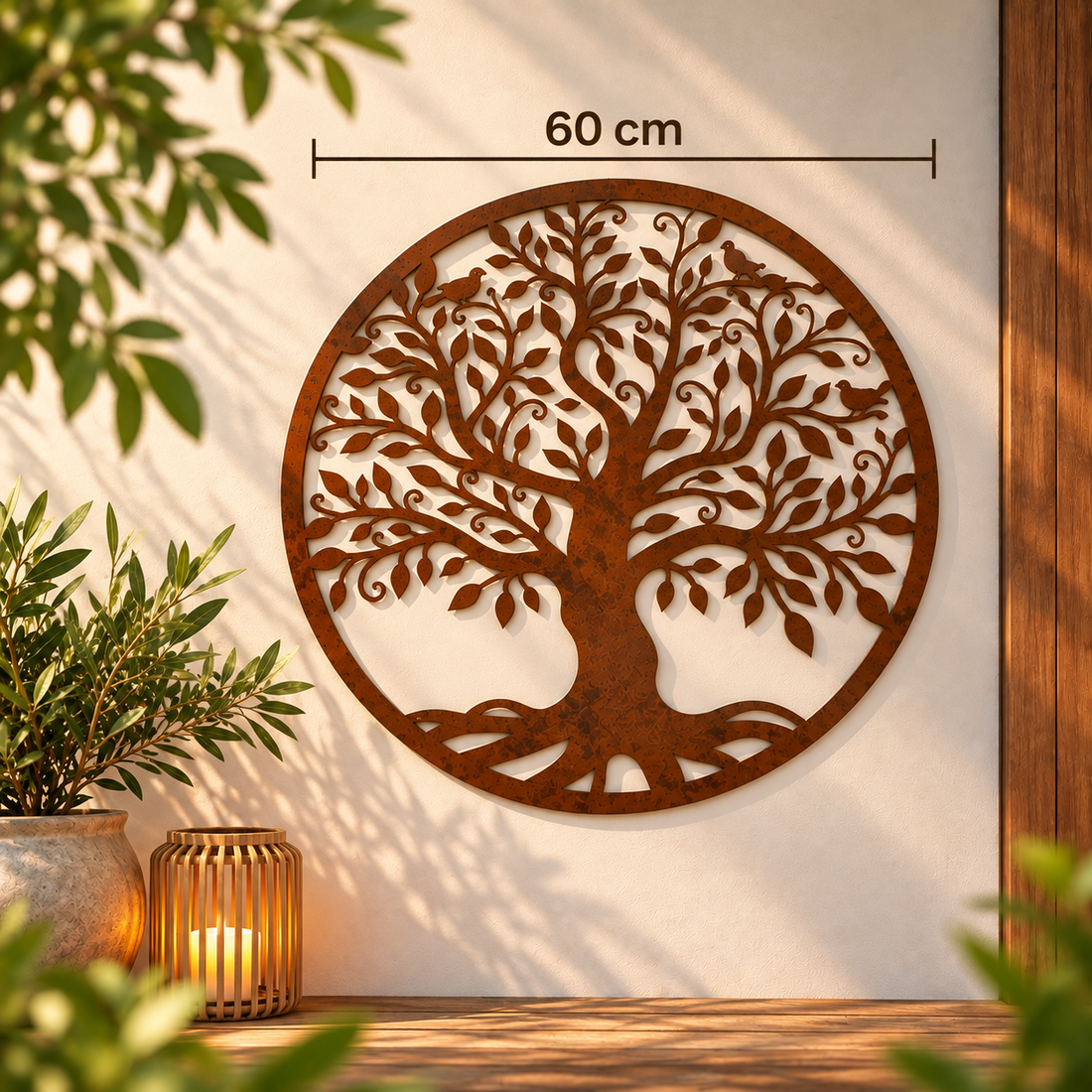 Levensboom wanddecoratie van cortenstaal-look met diameters van 40 cm, 50 cm en 60 cm weergegeven op een moderne gevel.