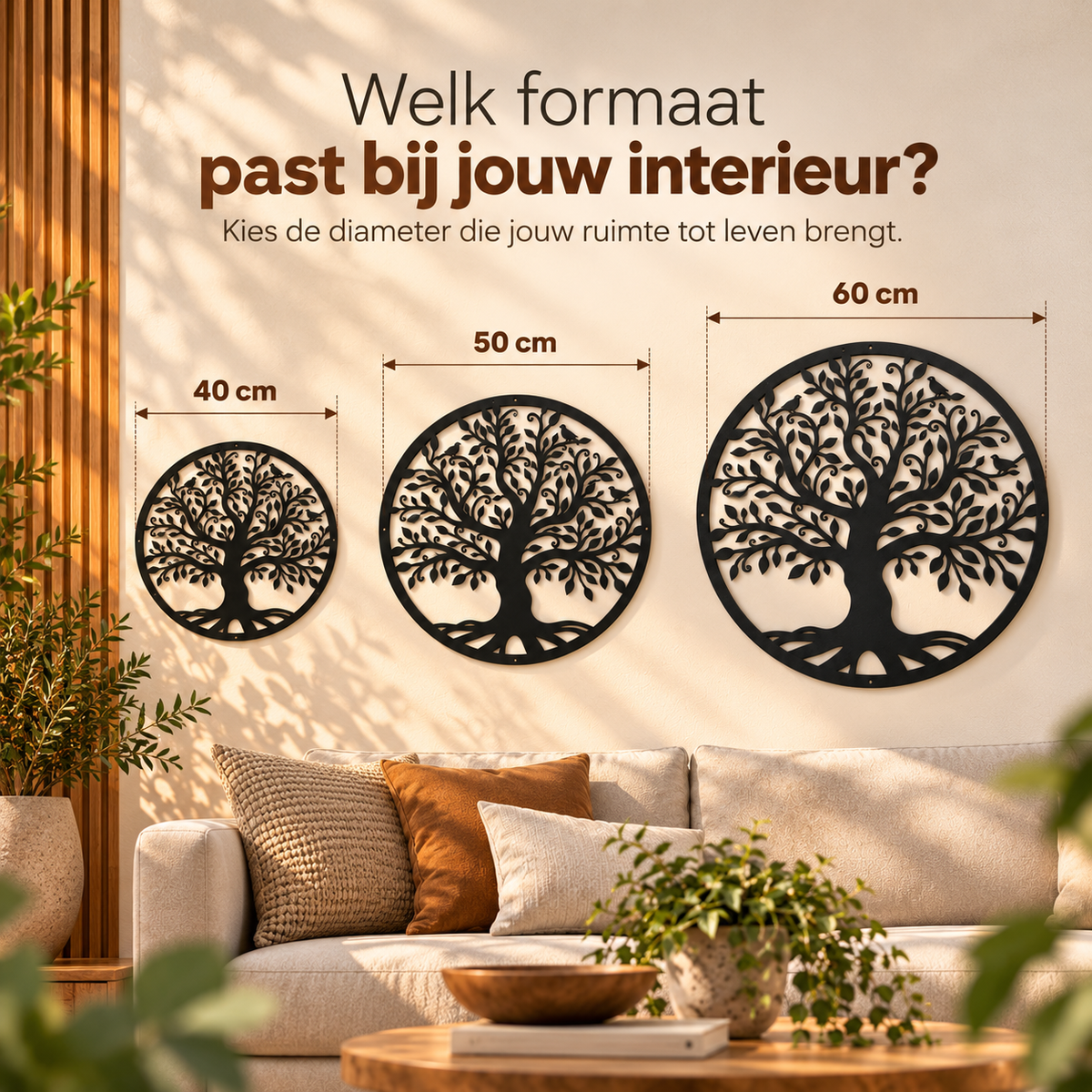Vergelijking van drie zwarte metalen levensbomen van 40, 50 en 60 cm aan de muur boven een bank in een sfeervolle woonkamer.