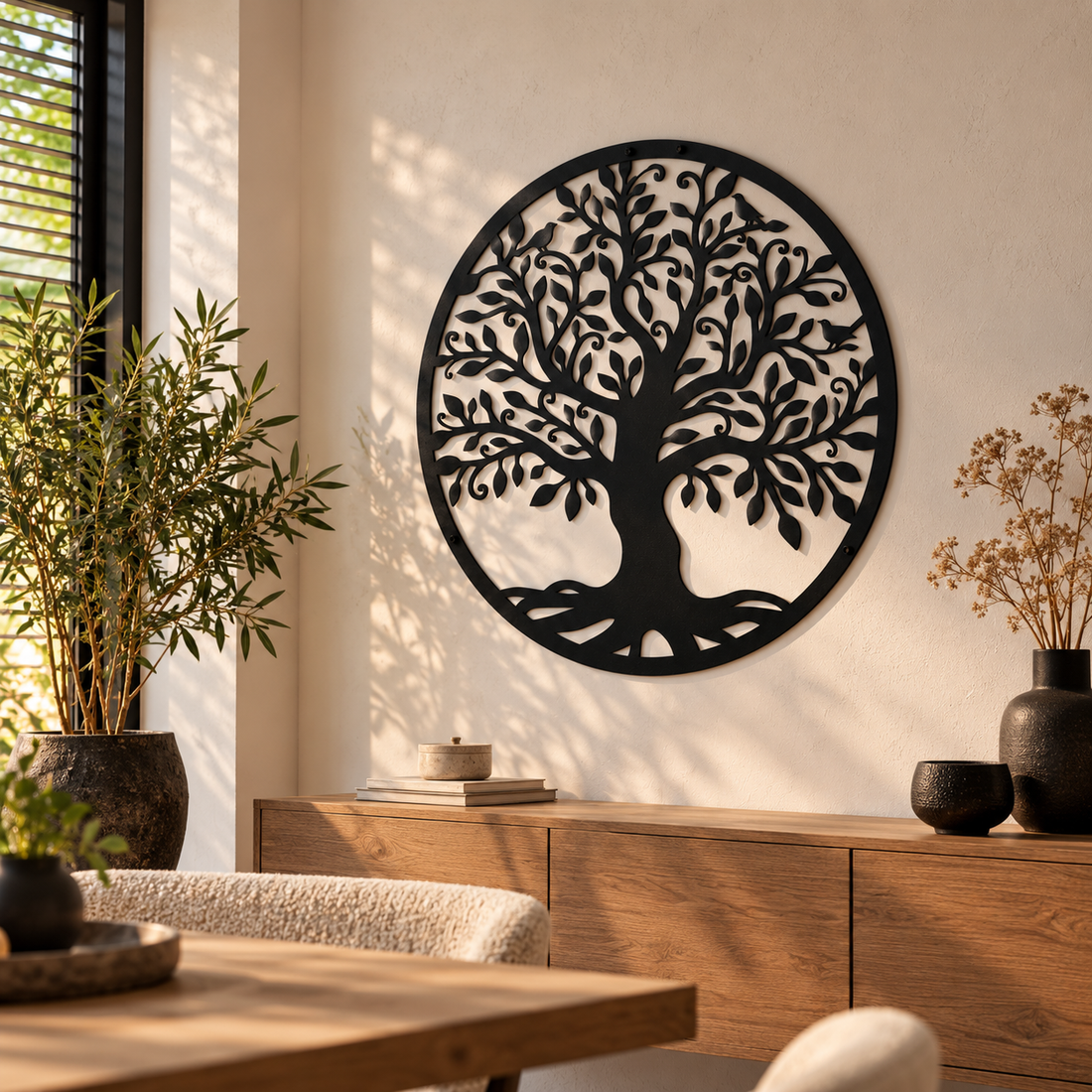 Zwarte metalen levensboom wanddecoratie met hoogwaardig staal, inclusief ophangsysteem, tijdloos design en keuze uit verschillende diameters.