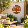 Decoratieve levensboom van cortenstaal met sierlijke takken, bladeren en vogels. Ronde metalen wanddecoratie met natuurlijke roestkleur, verkrijgbaar in 40, 50 en 60 cm.
