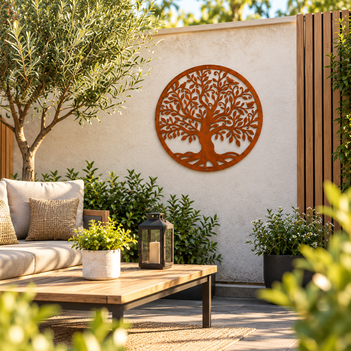Decoratieve levensboom van cortenstaal met sierlijke takken, bladeren en vogels. Ronde metalen wanddecoratie met natuurlijke roestkleur, verkrijgbaar in 40, 50 en 60 cm.