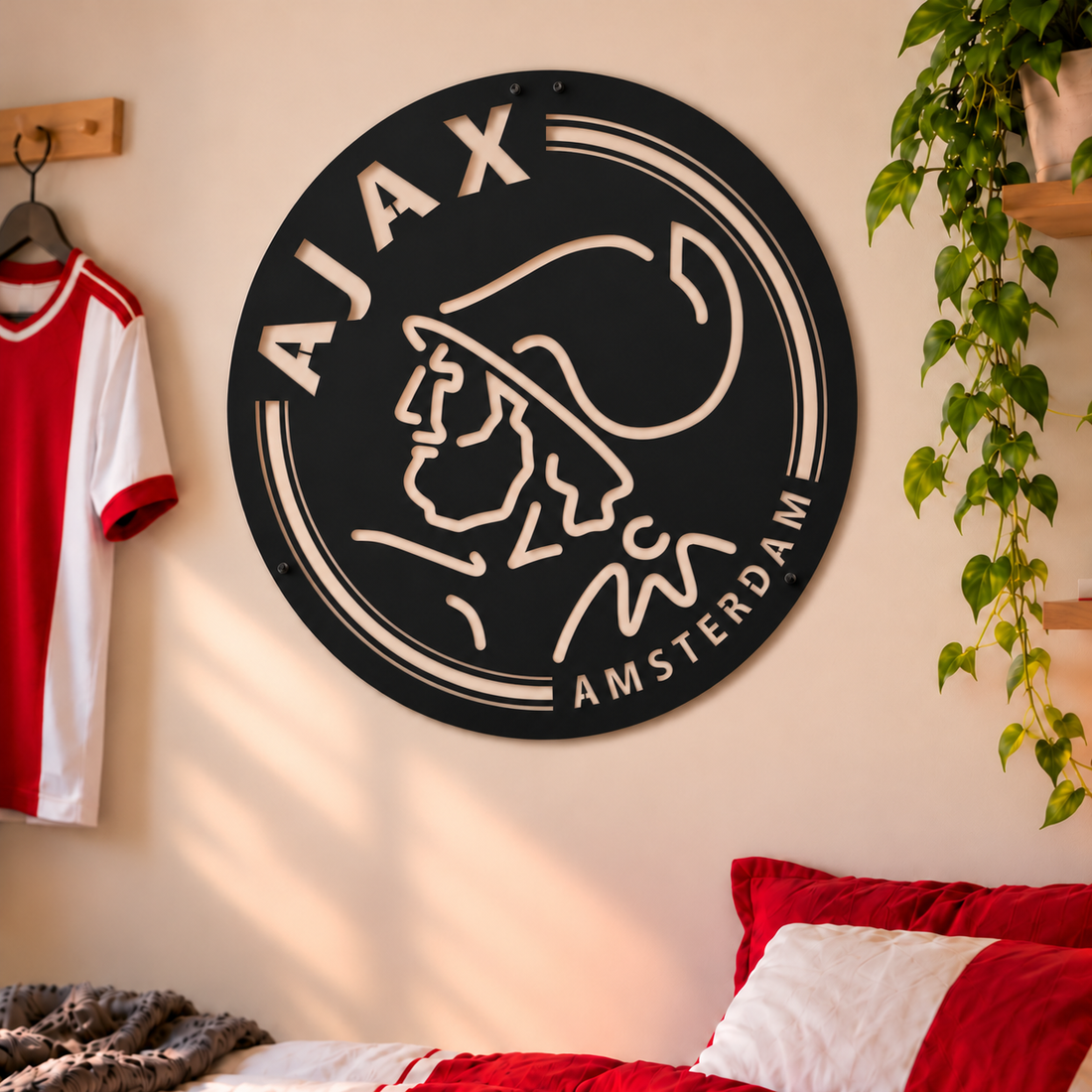Zwarte stalen Ajax wanddecoratie met het moderne lijnlogo en een maataanduiding van 60 cm doorsnede.