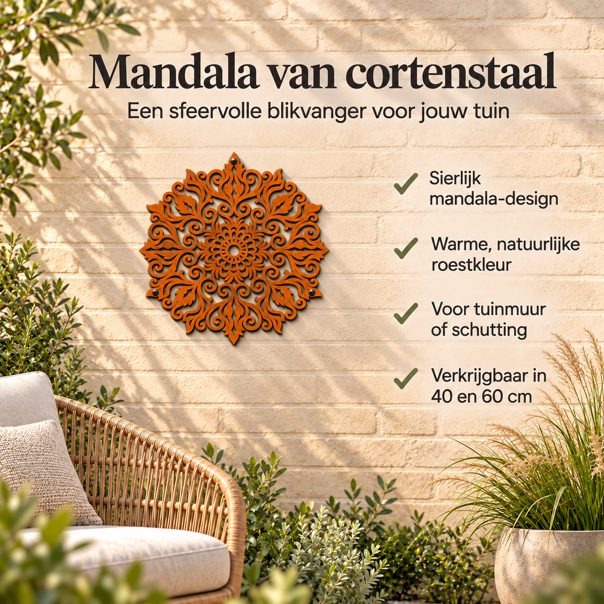Roestkleurige mandala aan een lichte tuinmuur, naast een zithoek met groen en informatie over het ontwerp.