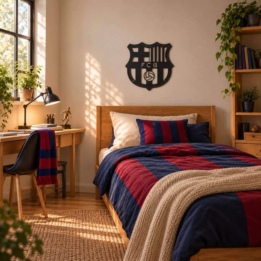 Matzwarte FC Barcelona wanddecoratie boven een houten dressoir, met planten en warm zonlicht in een sfeervolle woonkamer.