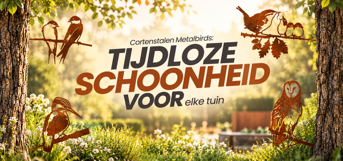 Sfeervolle collectie metalen tuinvogels van cortenstaal, geplaatst in bomen en houten schuttingen. Nederlands geproduceerde Metalbirds met een natuurlijke roestbruine uitstraling.