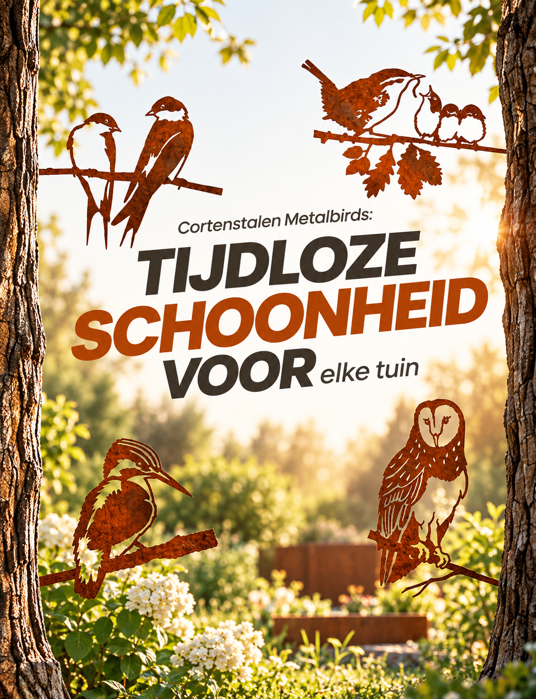 Verschillende Metalbirds van cortenstaal als decoratieve vogels in bomen en houten schuttingen. Sfeervolle tuindecoratie met een natuurlijke roestbruine uitstraling.
