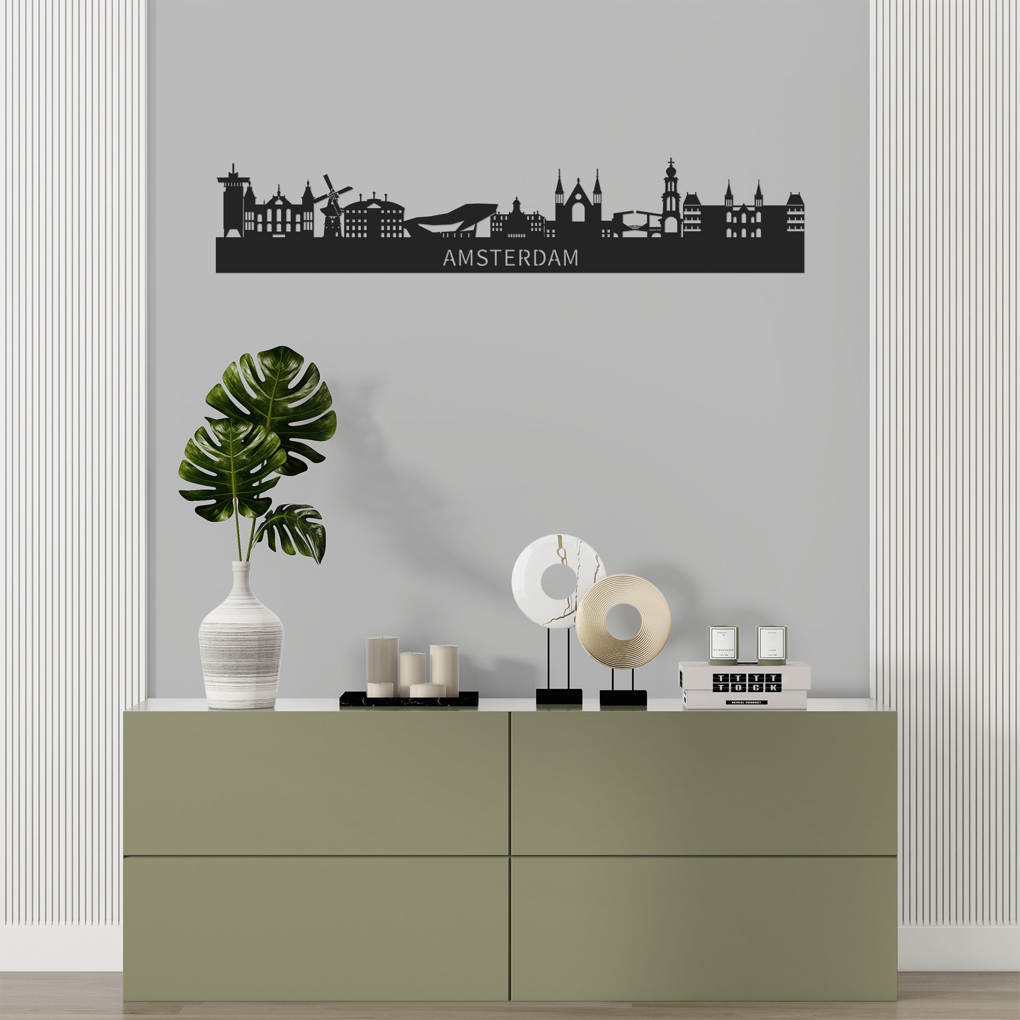 Metalen wanddecoratie van de skyline van Amsterdam, 80 cm breed, zwart gepoedercoat staal