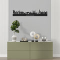 Metalen wanddecoratie van de skyline van Amsterdam, 80 cm breed, zwart gepoedercoat staal