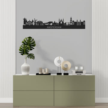 Metalen wanddecoratie van de skyline van Amsterdam, 80 cm breed, zwart gepoedercoat staal
