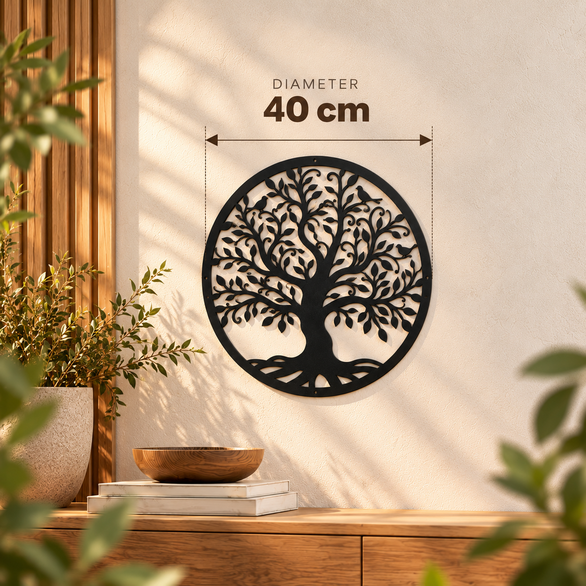 Zwarte ronde levensboom van 40 cm als decoratieve muurversiering in een lichte woonkamer