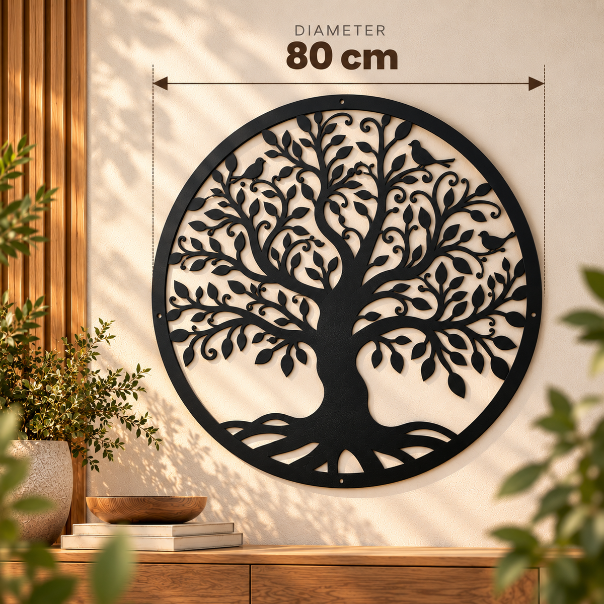 Extra grote zwarte levensboom van 80 cm als opvallende wanddecoratie in een ruim interieur